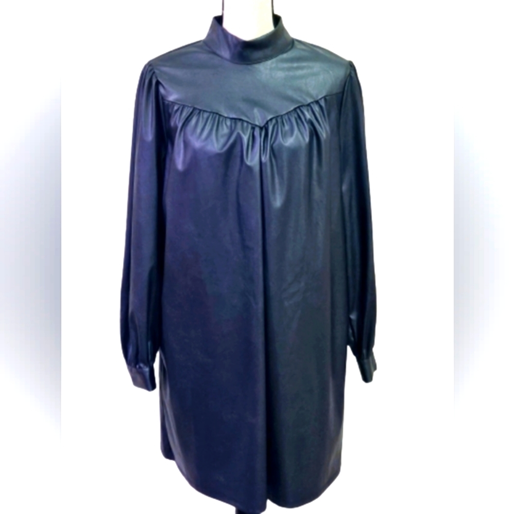 Who What Wear Black Faux Leather Mockneck Long Sleeve A-line Dress, Medium